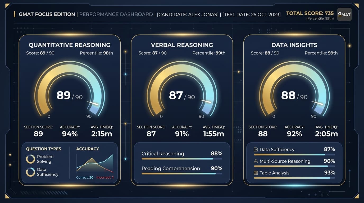 Analytical gauge dashboard displaying Quantitative, Verbal, and Data Insights score distributions and 99th percentile metrics