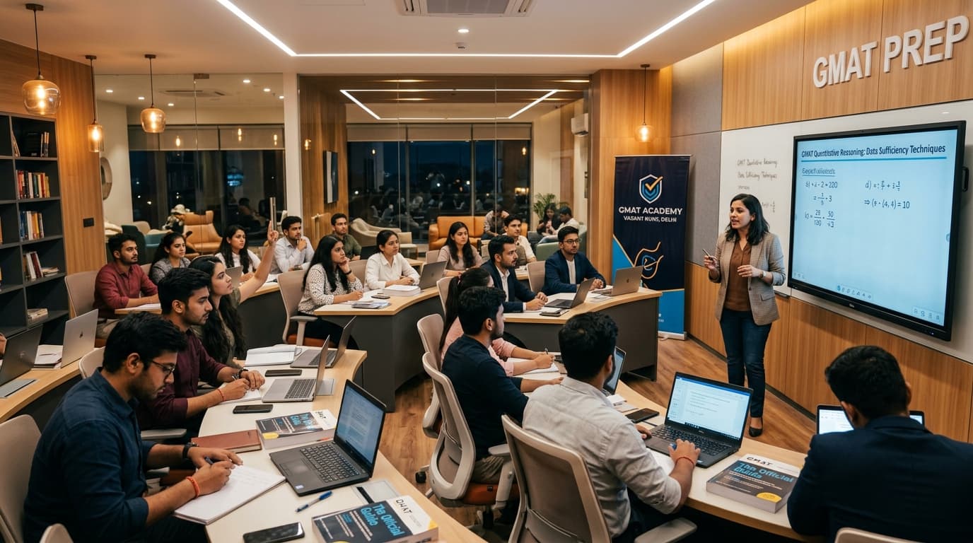Modern GMAT coaching classroom in B9 Vasant Kunj Delhi with interactive smartboards and students actively learning under instructor guidance