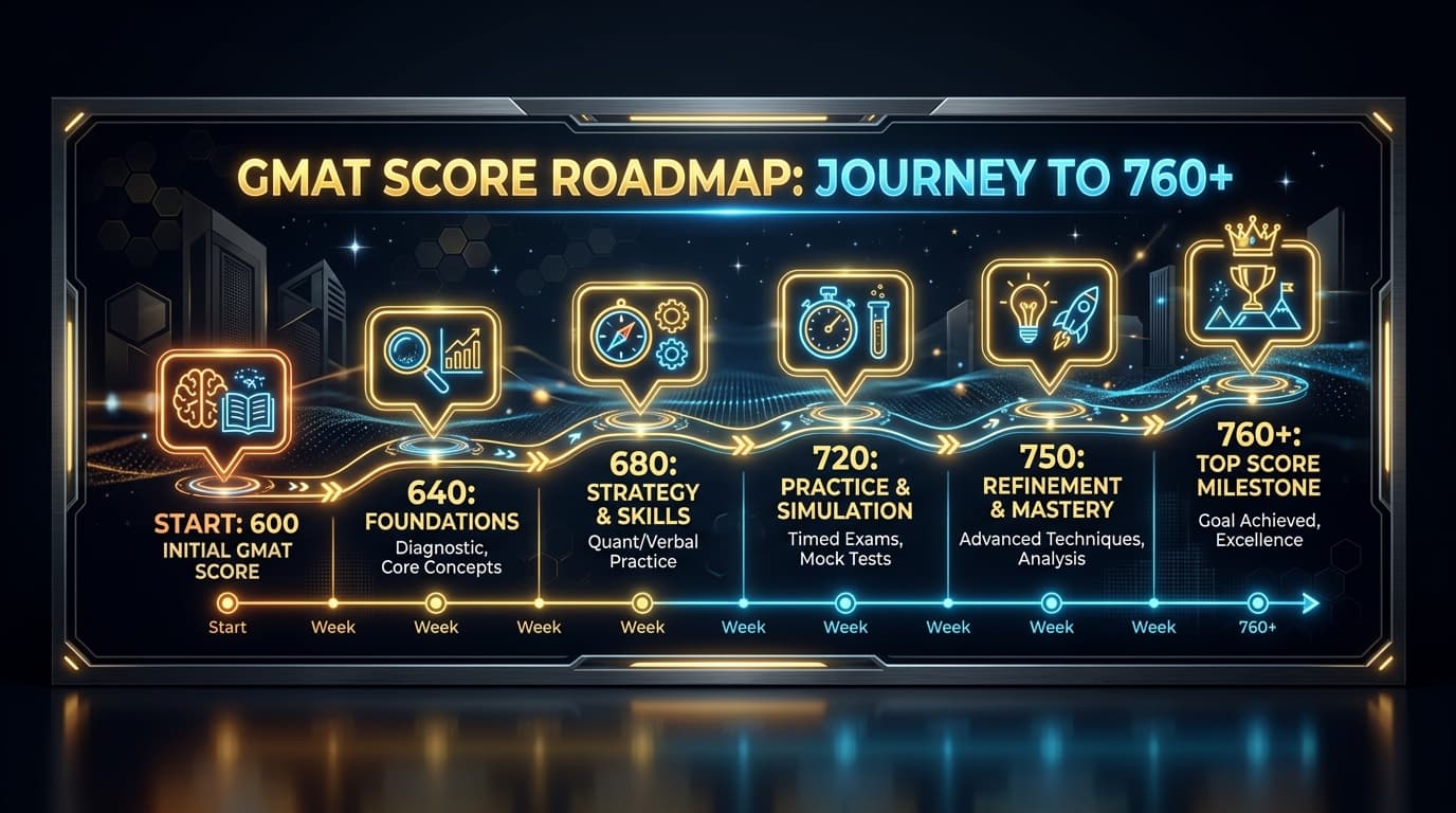 Futuristic illuminated timeline infographic mapping student progress from 600 initial diagnostic to 760+ score milestone