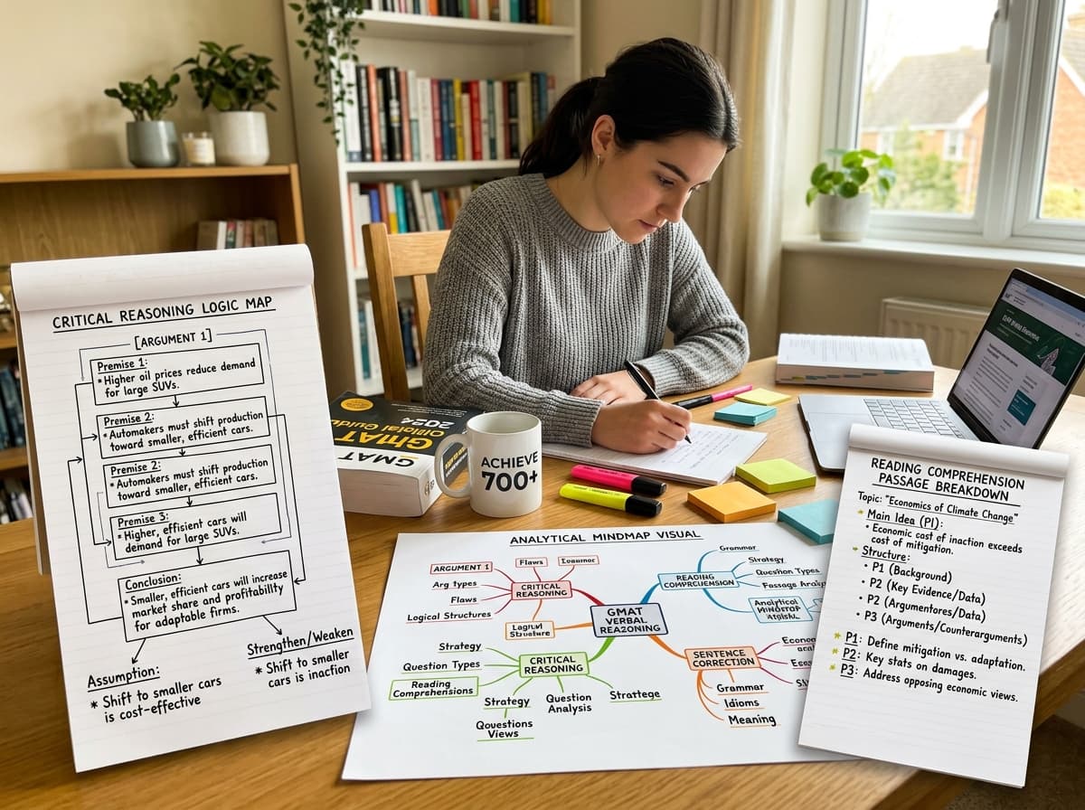 GMAT Verbal study workspace with Critical Reasoning premise-conclusion logic map and Reading Comprehension passage breakdown